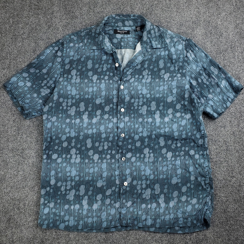 Brandini Pure Silk Hawaiian Shirt Mens Medium Geometric Lightweight Beach Blue